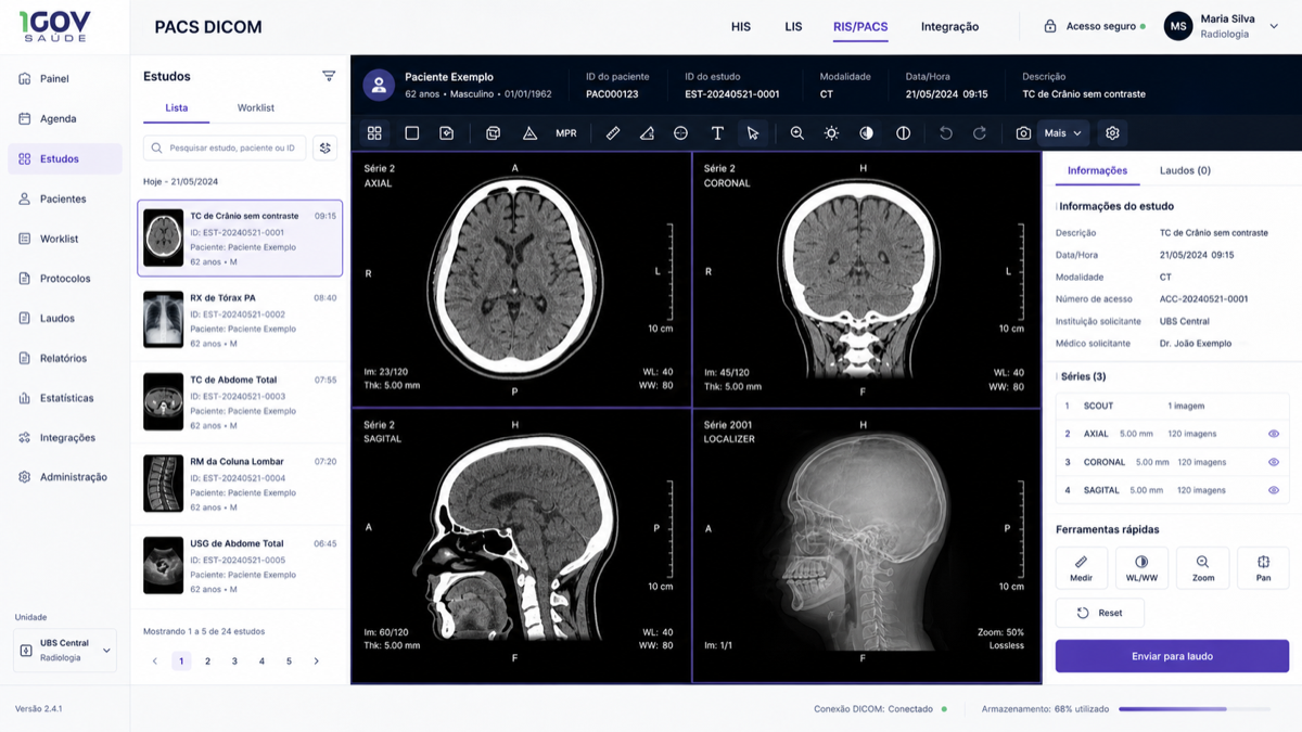 Visualizador DICOM com séries de imagens médicas em painel PACS