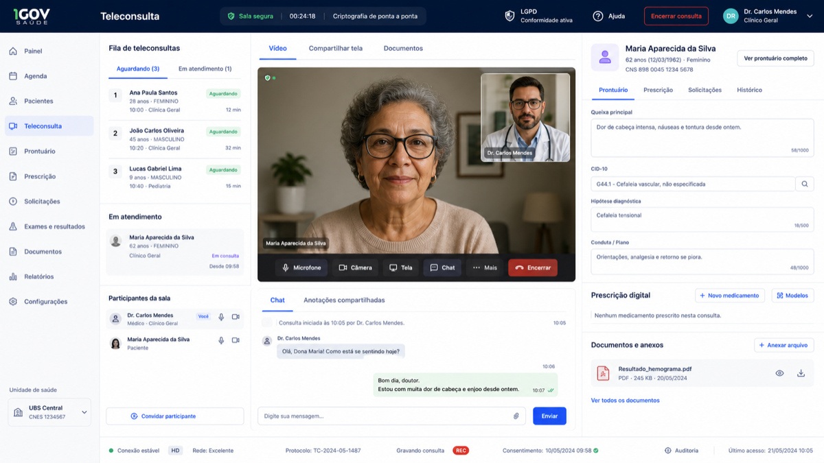 Tela realista de teleconsulta com videochamada, fila, prontuário, chat e prescrição digital